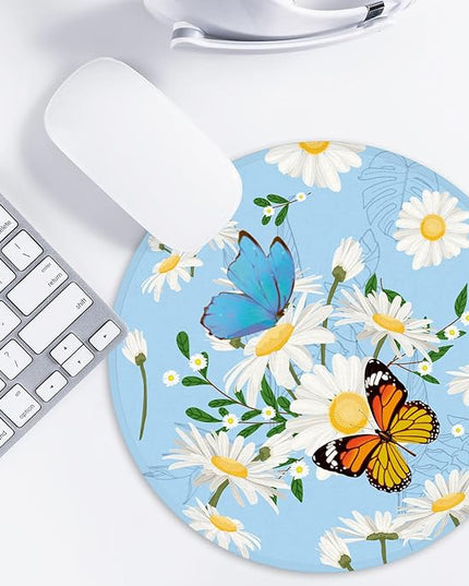 Butterfly and Flowers Round Mouse Pad,Non-Slip Rubber Base Desk Accessory,8.7 Inch Round