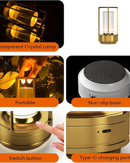 Portable Metal Table Lamp for Indoor/Outdoor ,Rechargeable Cordless LED Lamp, 3-Colour Infinitely Dimming Battery Powered Small Desk Lamp, Restaurant/Bedroom/Bar/Coffee/Camping Light (Gold Set of 2)