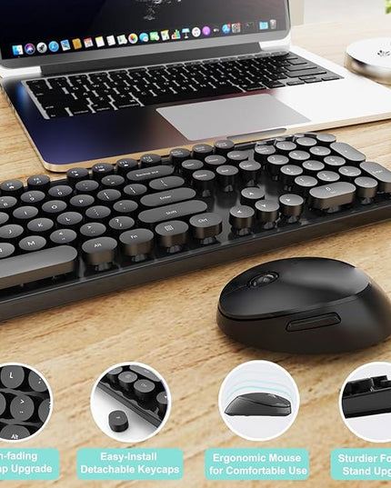 Wireless Keyboard and Mouse Combo, Ergonomic Full Size Typewriter Retro Round Keycaps Keyboard, Compatible with Windows, PC, Perfer for Home and Office Keyboards (Black