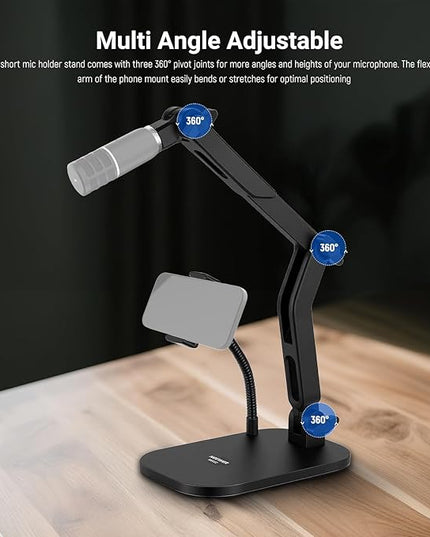 NEEWER Desk Microphone Stand with Phone Clamp & Flexible Arm, Adjustable Table Top Mic Holder Mount with 1/4" to 5/8" Screw Adapter Compatible with Blue Yeti Razer Seiren Mini, Max Load 3.3 lbs, MS022