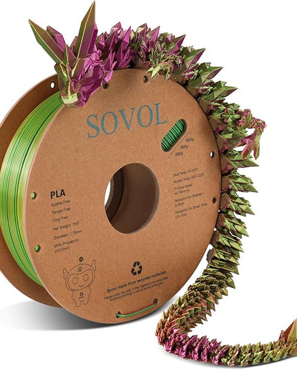 Sovol PLA Filament Silk Tri Color Co-Extrusion 1.75mm, 3D Printer Filament 1kg/ 2.2lbs, Shiny Silk Gold Green Rose Red 3 in 1 Coextrusion PLA Material +/-0.03mm