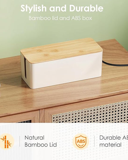 Delamu 2 Pack Cable Management Box Wooden, Wood Box with Lid Safe ABS Cord Hider Box Medium and Small Cable Organizers for Cords, Cable Raceways Power Strip Cover Box Baby Pet Proof for Home Office