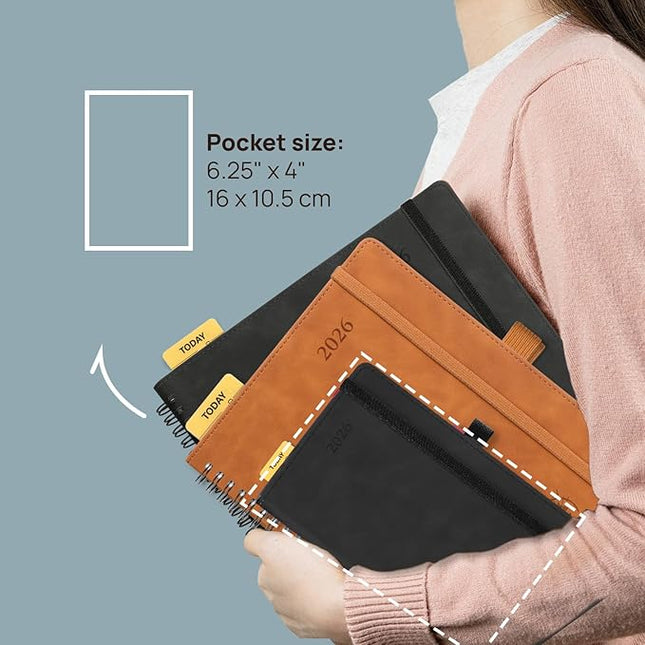 POPRUN 2026 Planner Weekly Notebook (Jan-Dec), Small Size 4''x 6.25'' - 2026 Pocket Calendar for Purse with Spiral Soft Cover, Plastic Ruler, Inner Pocket, 100 GSM - Brown