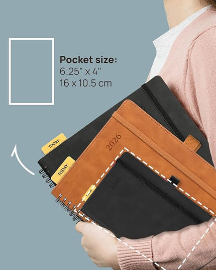 POPRUN 2026 Planner Weekly Notebook (Jan-Dec), Small Size 4''x 6.25'' - 2026 Pocket Calendar for Purse with Spiral Soft Cover, Plastic Ruler, Inner Pocket, 100 GSM - Soft Pink