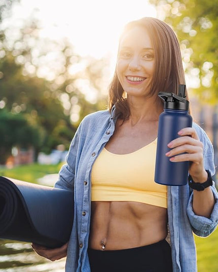 DOMICARE 32 oz Insulated Water Bottle Bulk, Vacuum Insulated Stainless Steel Sports Water Bottle with Straw Lid & Spout Lid, Leakproof, Reusable - Travel, Camping, Bike, Navy Blue (4 Pack)