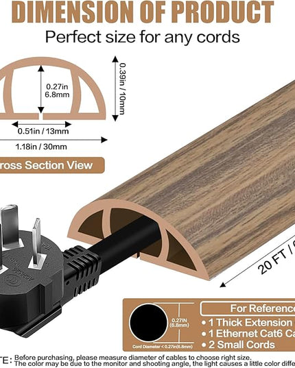 Floor Cord Cover Self Adhesive Cord Hider,20FT Cable Management, Extension Strip Protector for Wires, Prevent Cable Trips for Offices, Gyms, Exhibitions Cavity:0.39"(W) x 0.27"(H) Woodsmokedbrown