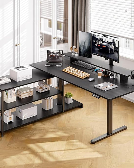 ONBRILL L Shaped Standing Desk with File Cabinet, 63x24'' Electric Stand Up Desk with Monitor and Storage Shelf, Adjustable Height 28-46'' for Home and Computer Workstation, Black