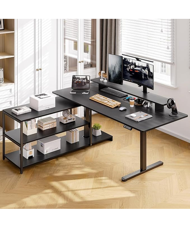 ONBRILL L Shaped Standing Desk with File Cabinet, 63x24'' Electric Stand Up Desk with Monitor and Storage Shelf, Adjustable Height 28-46'' for Home and Computer Workstation, Black