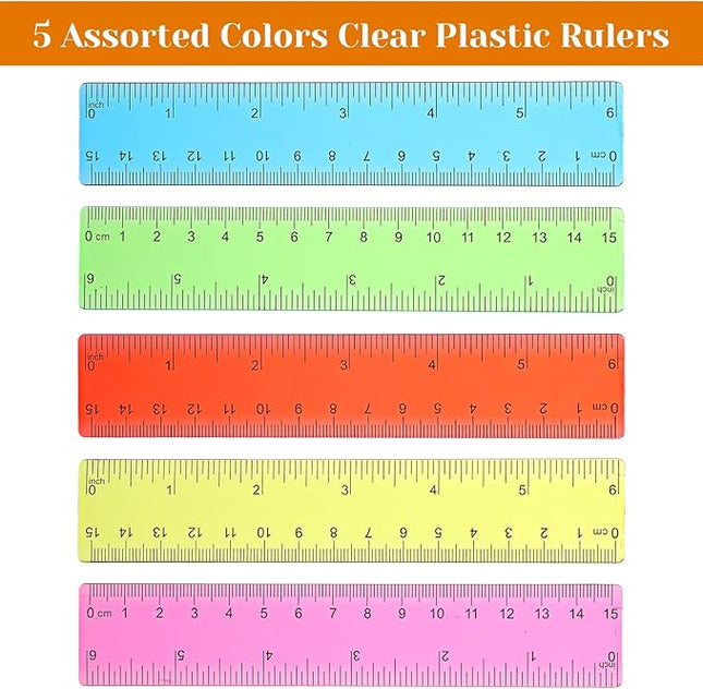 120 Pcs 6 Inch Rulers Bulk Plastic Flexible Small Straight Rulers with Inches and Centimeters First Day of School Gift for Students Back to School Office Supplies(Colorful, Transparent)