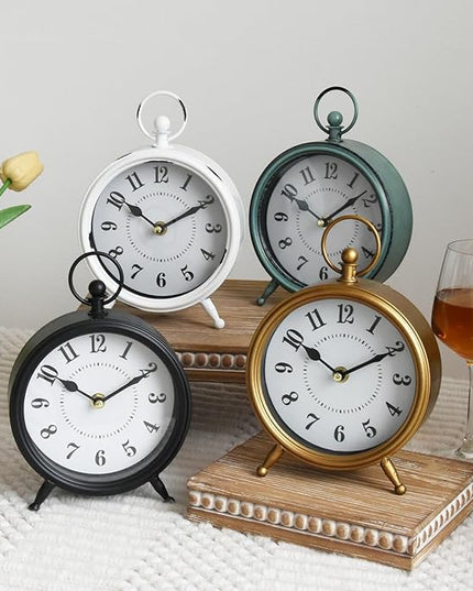 MACVAD Vintage Small Rustic Green Table Clock on Stand - Decorative Desk and Shelf Clock, Battery Operated, Silent Non-Ticking Timepiece Perfect for Office, Living Room, and Bedroom Decor