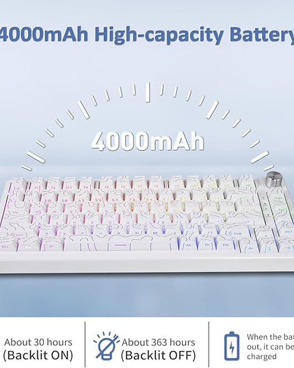 HUO JI 75% Wireless Mechanical Gaming Keyboard, Bluetooth/2.4G/USB Wired, Creamy Sound, RGB Backlit, Hot Swappable Pre-lubed Linear Switches, Volume Knob, Custom Gasket Structure for Win/Mac, White