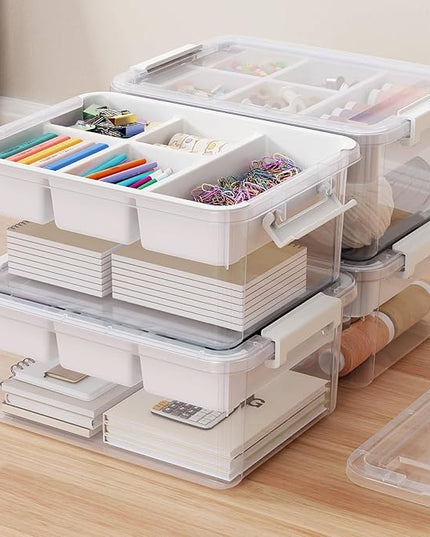 80Qt Stackable Storage Bins with Lids & Trays, Clear Plastic Latching Boxes Organizers with Dividers Portable 20Gal Containers for Arts & Crafts, Home and Car Trunk Organization, 4Pack