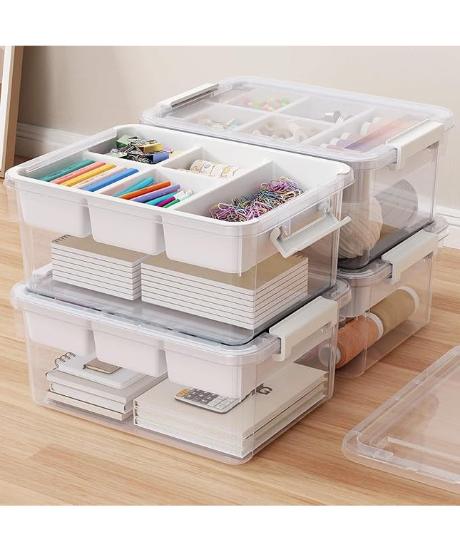 80Qt Stackable Storage Bins with Lids & Trays, Clear Plastic Latching Boxes Organizers with Dividers Portable 20Gal Containers for Arts & Crafts, Home and Car Trunk Organization, 4Pack