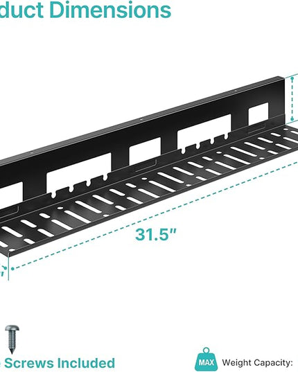 Under Desk Cable Management Tray, 31.5 Inches Metal Cord Organizer Rack, Desk Tray for Power Strip, Cord, Wire, Easy Mounting Cable Management Under Table for Home Office, Black