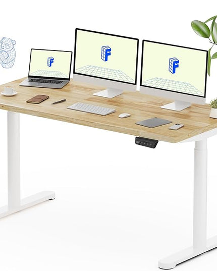 FLEXISPOT Solid Rubberwood Electric Standing Desk with Elegant Oval Legs, 63"x24" Height Adjustable Desk for Home Office & Living Spaces (White Frame)