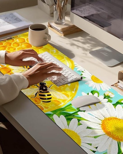 XL Mouse Pad Gaming Mousepad 31.5 x 11.8 Inch Large Keyboard Desktop Mat Diatomite Mouse Pad for Home and Office Desk Accessories with Honeycomb Bee Floral Artwork