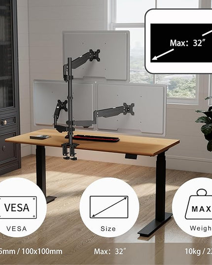 Pholiten Triple Monitor Stand, Mount for 3 Screens up to 32 inches & 22lbs Each, Full Motion Gas Spring Monitor Arm with Clamp Mounting, for Desktops, Computer Monitors