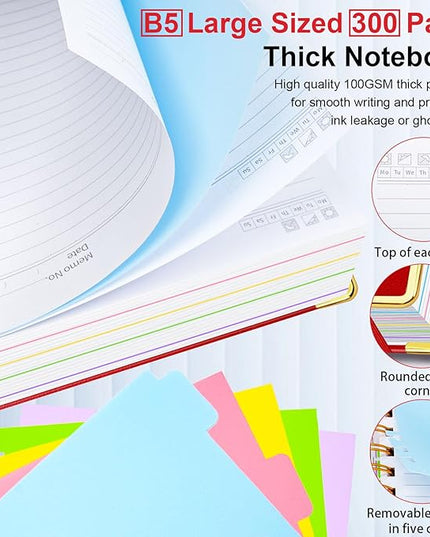 Hardcover Spiral Notebook 8"x10" Journal Notebook with Tabs and Removable Dividers 300 Pages 5 Subject Notebook College Ruled, Faux Leather Spiral Bound Notebook for Women, Students, School Work (Red)