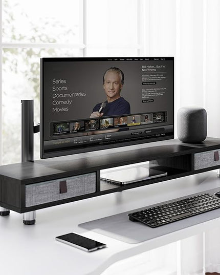 Fenge Dual Monitor Stand with 2 Drawers, 42.5 Inches Large Computer Riser for Desk, Adjustable Height Desk Shelf with Storage for Laptop, PC, TV, Printer