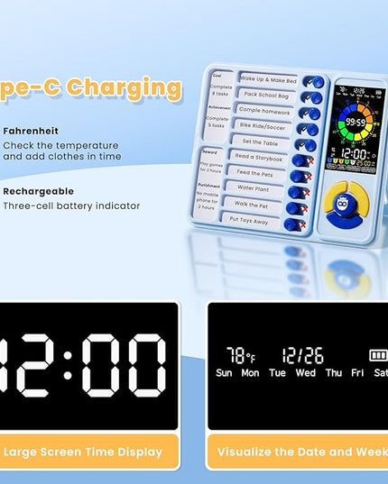 Mooking 5-in-1 Visual Timer, ADHD Tool for Kids|Adults, Visual Schedule for Kids with Autism, 12/24 Task Timer & Chore Chart Board, ADHD Tools with Daily Checklist for Home, School, Classroom - Blue