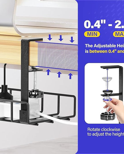 Under Desk Cable Management Tray, Xpatee Upgraded Wire Management No Drill No Screws, Cable Tray with Clamp for Wire Organizers, Computer Cord Rack for Office, Home - No Damage to Desk Black