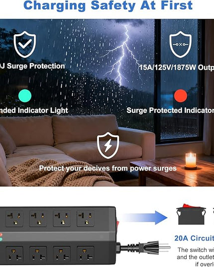 JUNNUJ Heavy Duty Power Strip with 8 Outlets and 4 USB Ports, Metal Wall Mount Surge Protector with 20 Amp 12 Gauge 6 FT Extension Cord for Garage, Industrial, Shop, ETL Listed