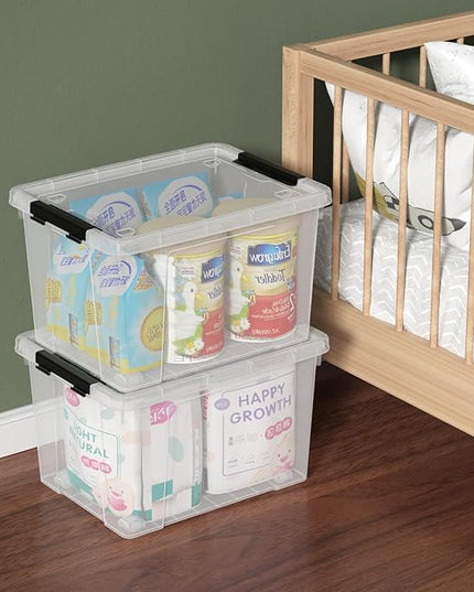 Set of 4 34 L Stackable Plastic Storage Bins with Latching Lids and Wheels, Clear Home Organization Container Box, See-Through