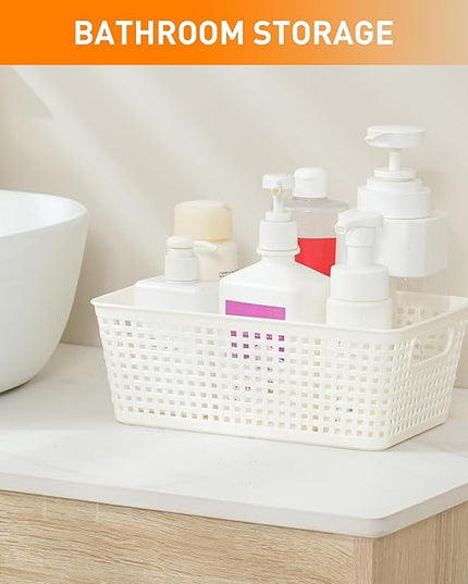 Plastic Storage Baskets With Lid, Storage Bins for Organizing, Stackable Decorative Containers for Shelves Drawers Desktop Closet Playroom Classroom Office, 6 Pack- White