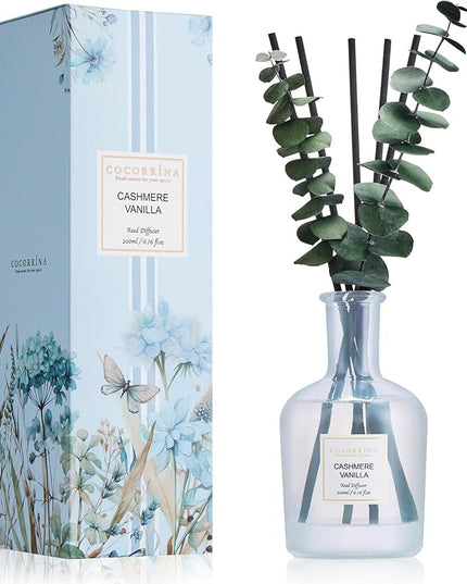 COCORRÍNA Cashmere Vanilla Reed Diffuser – 6.76 oz Essential Oil with Sticks & Dried Eucalyptus Branches, Home Fragrance for Bedroom or Bathroom Décor