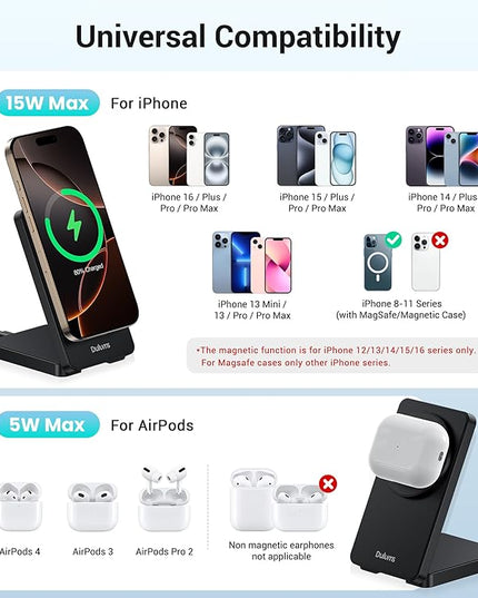 Folding Wireless Charging Stand, Magnetic 15W Fast Charging Station Mag-Safe Travel Lightweight Charger Compatible for iPhone 17/16/16 Pro/16 Pro Max/16 Plus/15/14/13/12 Series, AirPods 4/3