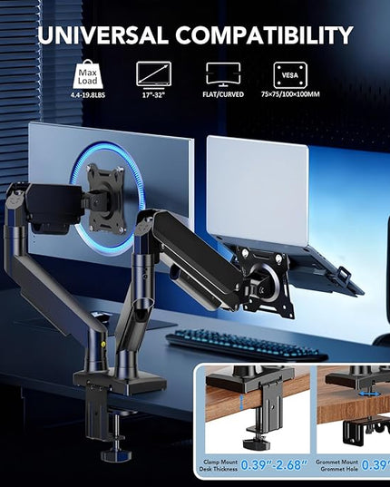 AX WABER Dual Monitor Stand, Adjustable Monitor Desk Mount for 17″–32″ Computer Screens, Full Motion VESA 75x75/100x100 with C-Clamp & Grommet Aluminum Base, Each Arm Holds 4.4 to 20 lbs AX09DB201