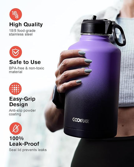 Coolflask Half Gallon Water Bottle Insulated with Straw & 3 Lids, 64 oz Water Jug Large Metal Stainless Steel Wide Mouth for Sports, Gym or Office, Non-BPA Keep Cold 48H Hot 24H, Purple Black