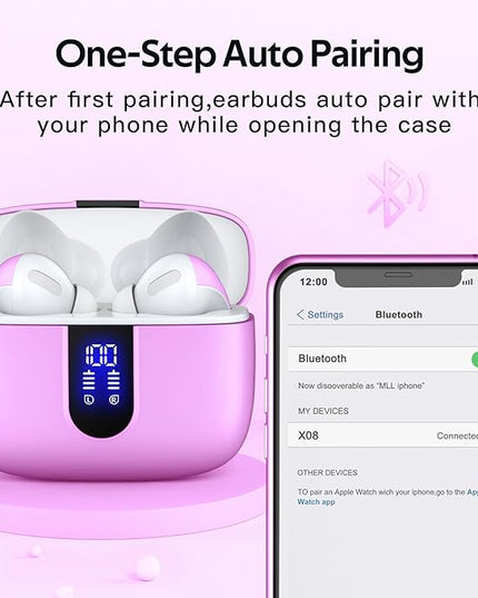 TAGRY 2 Sets X08 Sunset Pink and Phantom Purple Bluetooth Headphones True Wireless Earbuds 60H Playback Ear Buds with Wireless Charging Case in-Ear Earbuds with Mic