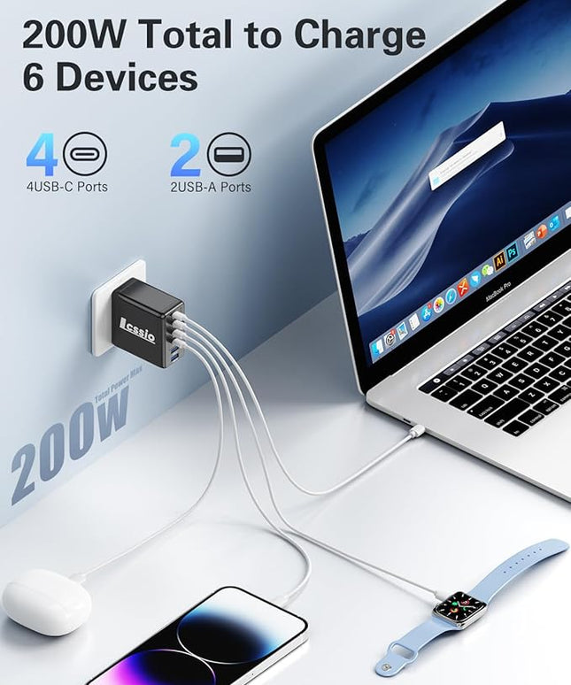 2 Pack 200W USB C Charger with 4 USB Cables, 6-Port Wall Charger, Laptop Fast Charger Type C Charging Block for MacBook Pro, Dell XPS, iPhone 17, iPad, Tablet, Chromebook Black