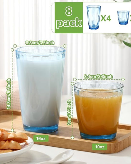 Set of 8 Plastic Drinking Glasses 16 Oz and 10 Oz Reusable Plastic Tumblers Acrylic Tall and Short Unbreakable Water Cups for Indoor Outdoor Home Picnic Party(Blue)