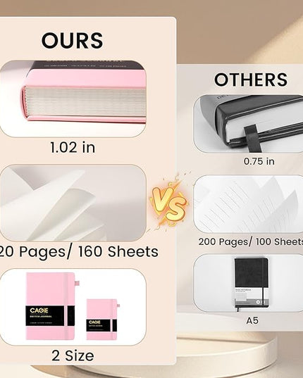 CAGIE Bullet Dotted Journal Notebook 320 Pages 100 GSM Paper Hardcover A5 Dot Grid Notebook Leather Journals for Writing Women Men Work Journaling, Pink
