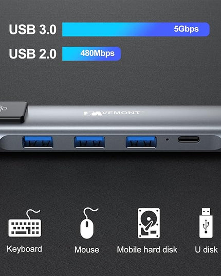 VEMONT 5 in1 USB C hub, Type-c multiport Adapter with Gigabit Ethernet, 3 USB 3.0 hub for Data, 100W Power Delivery, USB hub for Laptop MacBook or ipad, and Other USB C Devices