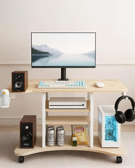 EUREKA ERGONOMIC Gaming Desk Computer, 37" Rolling Desk on Wheels for Small Space, Mobile Computer Cart with Pegboards Adjustable Shelves for Gaming PS Switch, Craft Station, Home Office - Maple