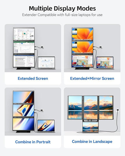 15.6" Quad Laptop Screen Extender,FHD 1080P Triple Portable Monitor with 30" Combined Display(Landscape/Portrait),One-Cable Connection and Driver Required,Compatible with Wins & Mac(M1/M2/ M3/M4/M5)