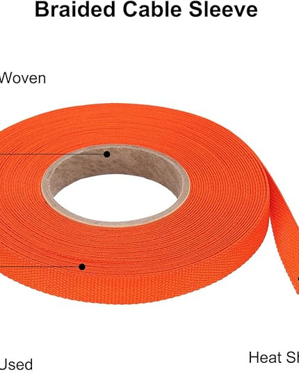 MECCANIXITY Braided Cable Sleeves Heat Shrinkable Fabric Sleeving, 5/16" 40ft Orange 2:1 Ratio Heat Shrinkable Cord Protector for Harness Cable, Network Cable Protection, Cable Management