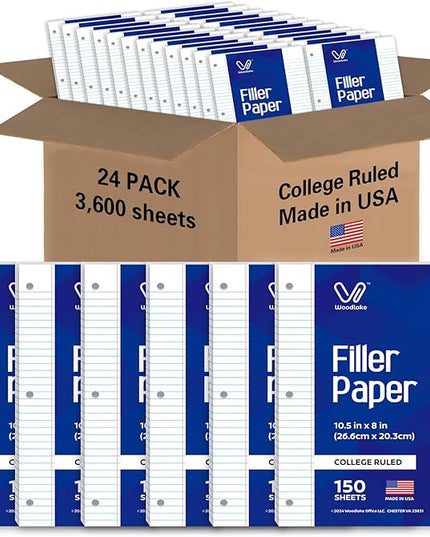 Woodlake Loose Leaf Paper, College Ruled Notebook Paper Bulk, 8 x 10.5”, 150 Sheets per Pack, 24 Pack, 3600 Sheets, Lined Filler Paper, 3 Hole Punched, 60gsm, Made in USA