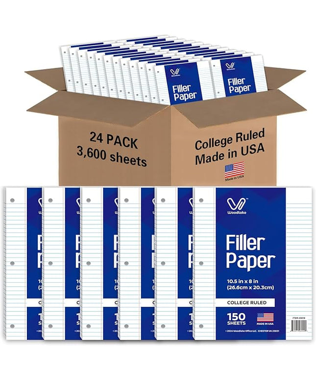 Woodlake Loose Leaf Paper, College Ruled Notebook Paper Bulk, 8 x 10.5”, 150 Sheets per Pack, 24 Pack, 3600 Sheets, Lined Filler Paper, 3 Hole Punched, 60gsm, Made in USA