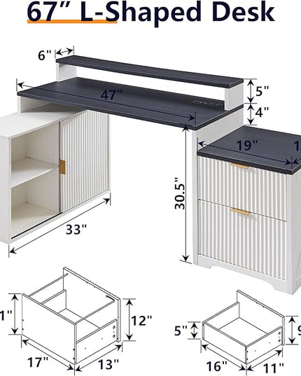 JXQTLINGMU 67" Modern L Shaped Desk with Storage Cabinet & Drawers, Wood Home Office Desk with Power Outlets, Fluted Computer Writing Desk, Antique White