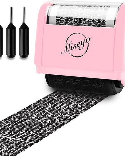 Miseyo Wide Identity Theft Protection Roller Stamp Set - Pink (3 Refill Ink Included)