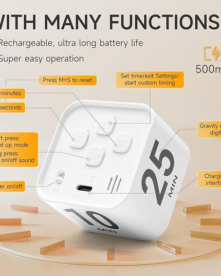 Exlliy Rotating Productivity Timer 5, 25, 10, 50 Minutes Preset, Desk Cube w/Gravity Sensor for ADHD, Mute Functions, Ideal for Work, Study, Kitchen, Back to School (1, White)