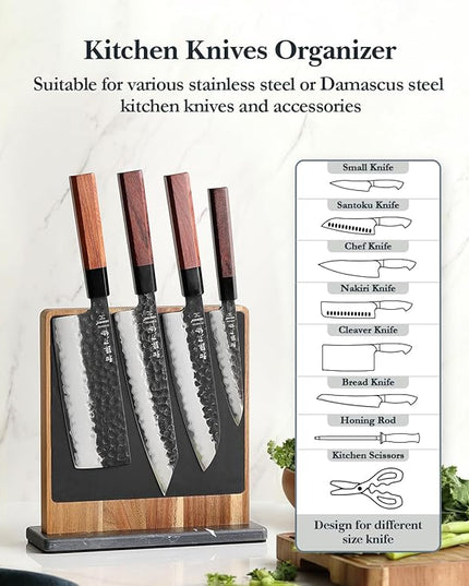 HEZHEN Double-sided Magnetic Knife Holder without Knives, Acacia Wood Knife Block with Leather Cover, Space-saving Knife Storage, Strong Enhanced Magnets Strip, Non-slip Marble Base