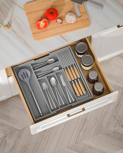 Bamboo-Silverware-Drawer-Organizer-Kitchen, Expandable Utensil Holder Cutlery Tray Flatware Organization Adjustable Wood Tableware Dividers Storage (with Removable Knife Block)(Grey)