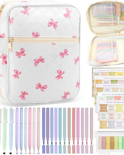 Lestp Bible Cover Case Study Supplies for Women Gifts Large Bible Cover with Highlighters Pens Tabs Cute Quilted Carrying Case Journal Kit Accessories Christian Gifts Sticky Notes C