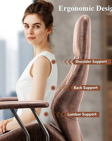 Mid Century Modren Office Chair,High Back Ergonomic Executive Chair with Lumbar Support, Computer Desk Swivel Task Chair with Wheels, Faux Lether Suede Fabric Home Chair (Dark Brown)