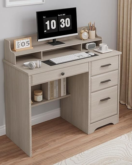 4 EVER WINNER Small Desk with Drawers, Computer Desk with File Cabinet & Monitor Stand, Home Office Desks with Drawers, Wood Writing Desk for Bedroom, Off White